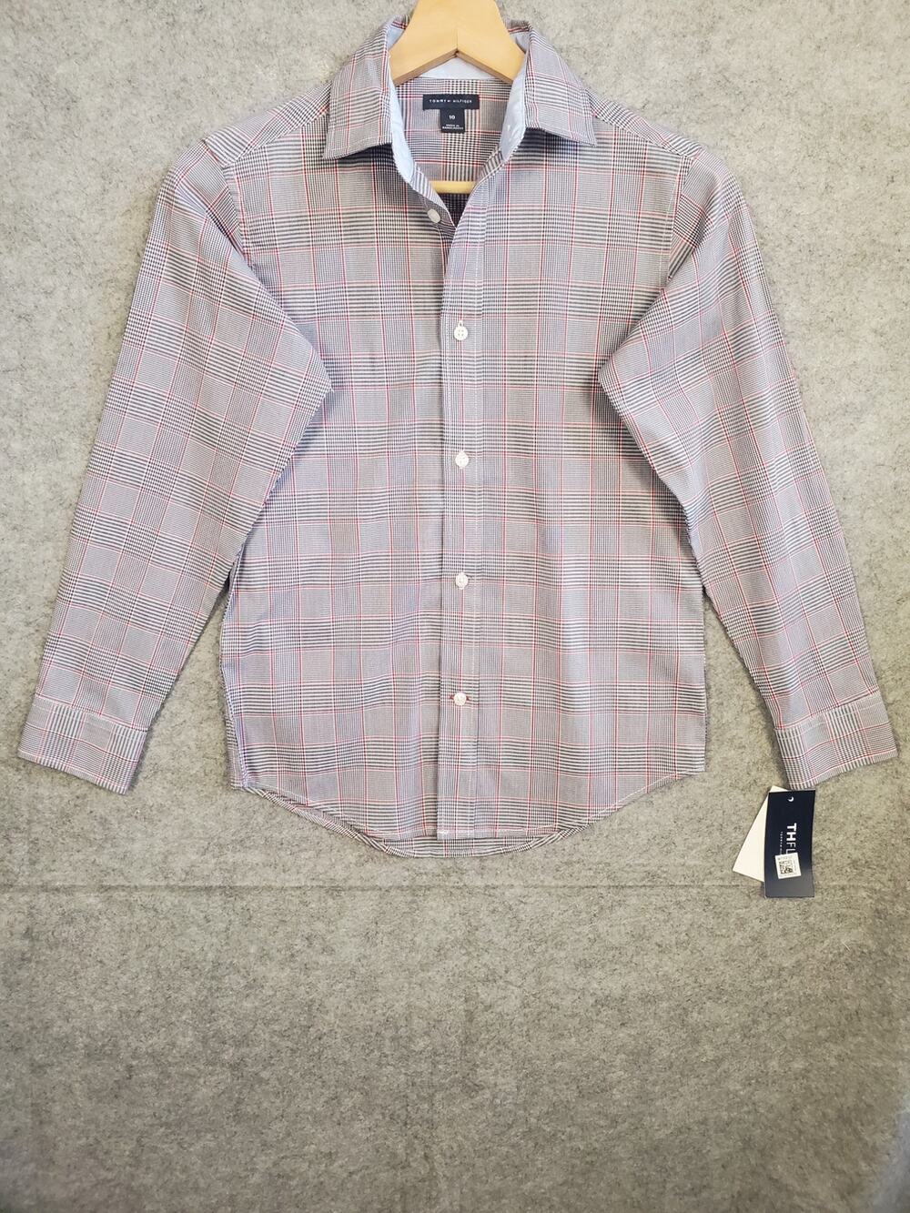 NWT Boy's Tommy Hilfiger 10 Red White & Black Plaid Button Up Dress Shirt